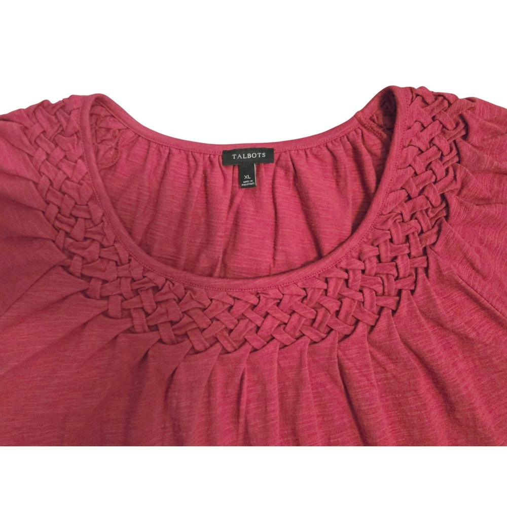 Talbots Dusky Red Cotton Slub Knit Top Lattice Woven Scoop Neck Cap Sleeve XL - Picture 2 of 7
